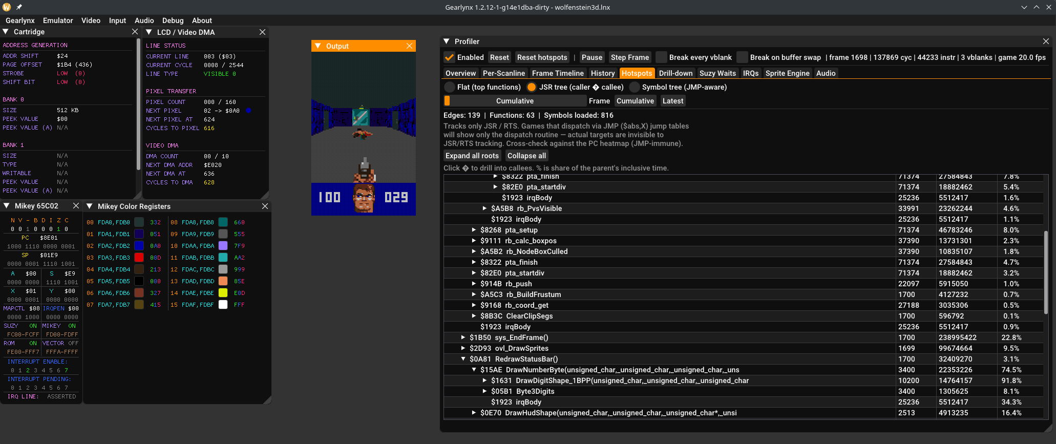 Wolfenstein 3D running in a Lynx emulator with the custom profiler open